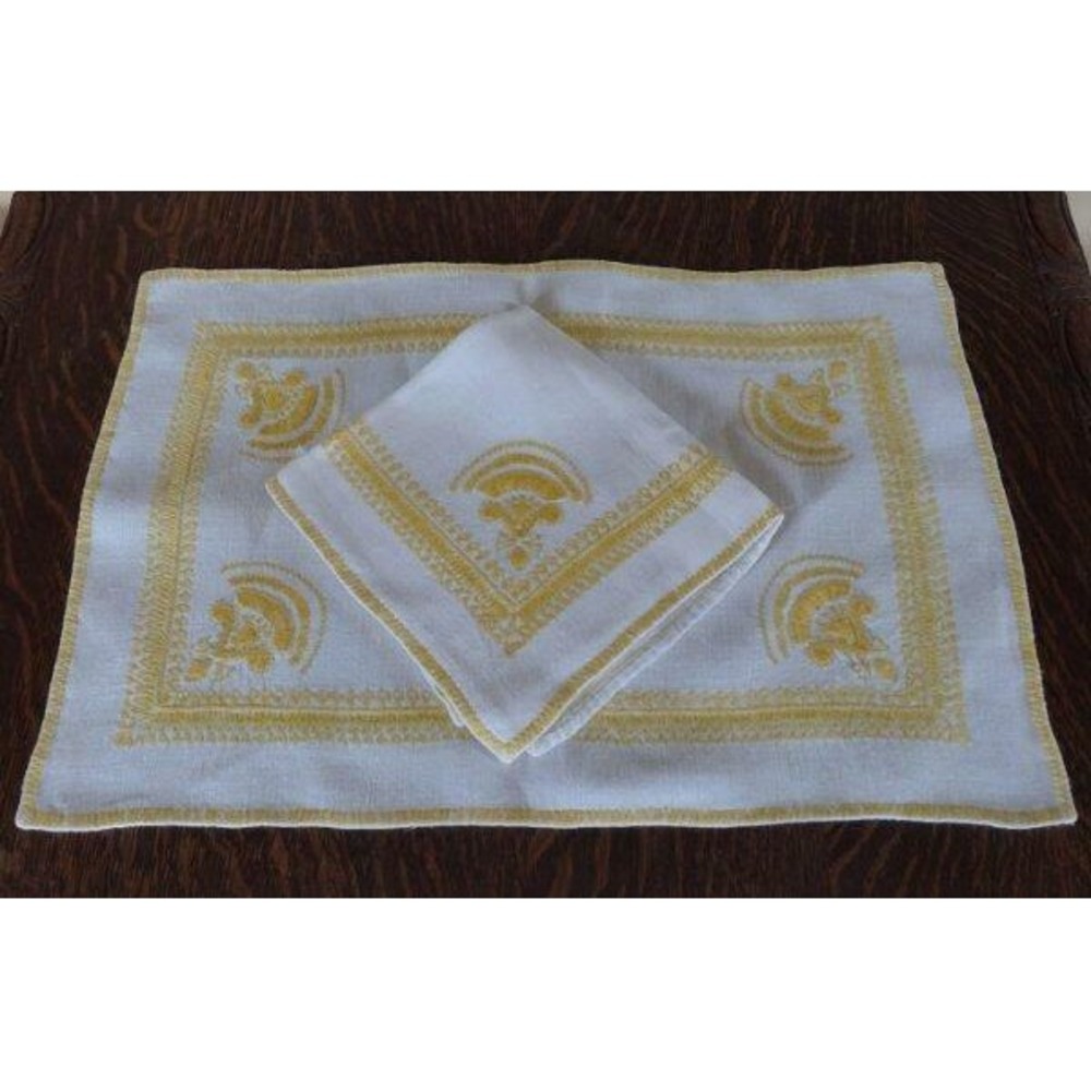 Vintage Set Italian Linen Embroidered Placemats Napkins Yellow Geometrics Boho
